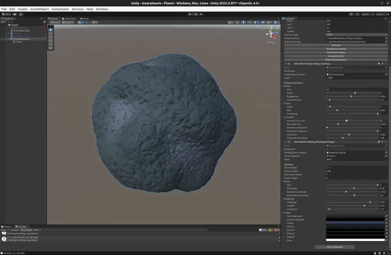 Using a low continent size, oceans resemble tiny craters. Large but smooth mountains create a bumpy looking meteoroid.